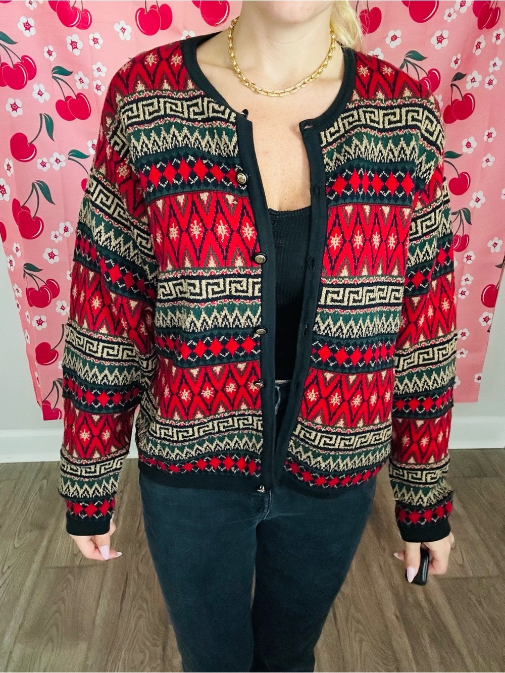 Talbots Multicolor Fair Isle Knit Cardigan with Black Trim